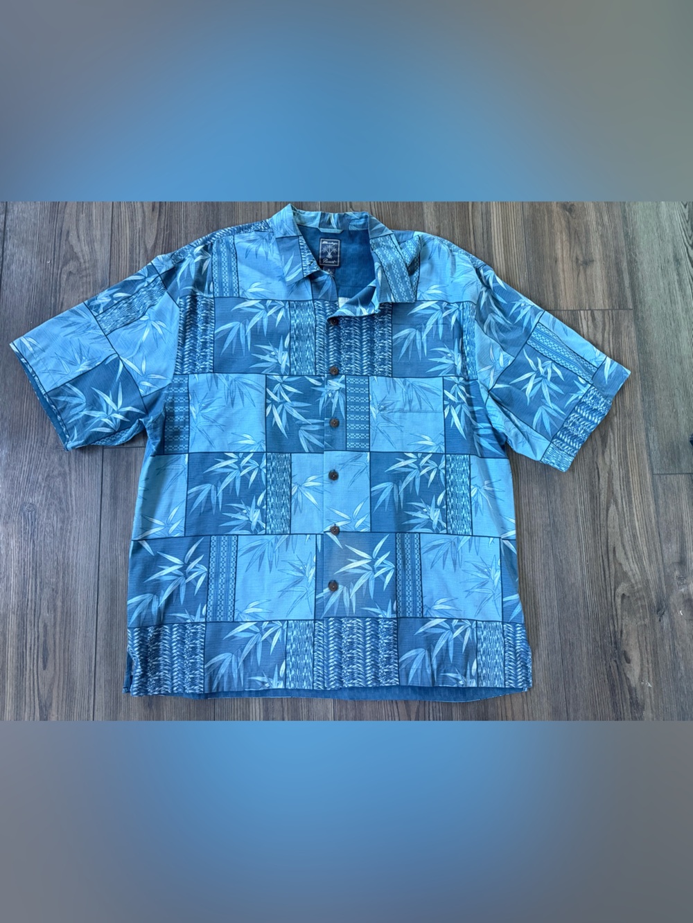 Men's Blue Patchwork 100% Silk Bamboo Print Short-Sleeve Shirt
